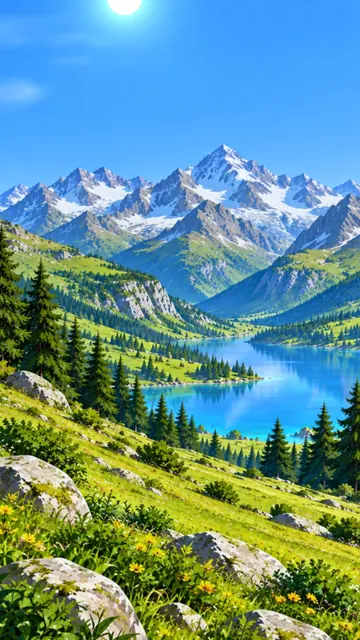 Berge: verschneite Gipfel, See und Tannenwald